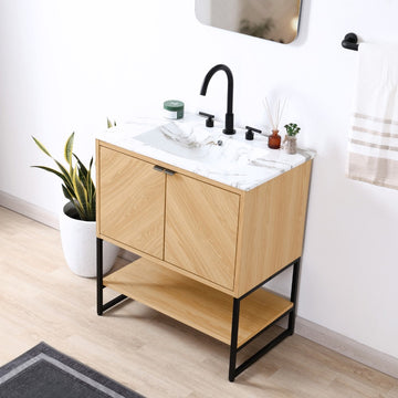 Juhl Chevron-Front Modern Minimalist 2-Shelf Bath Vanity Cabinet Only (Sink Basin Not Included)